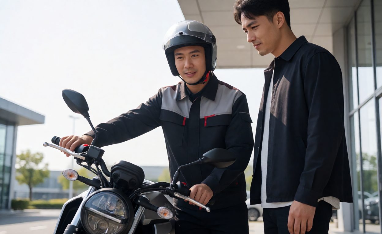Pre-Ride Briefing At The Dealership Salesperson fitting a helmet and explaining controls to a customer