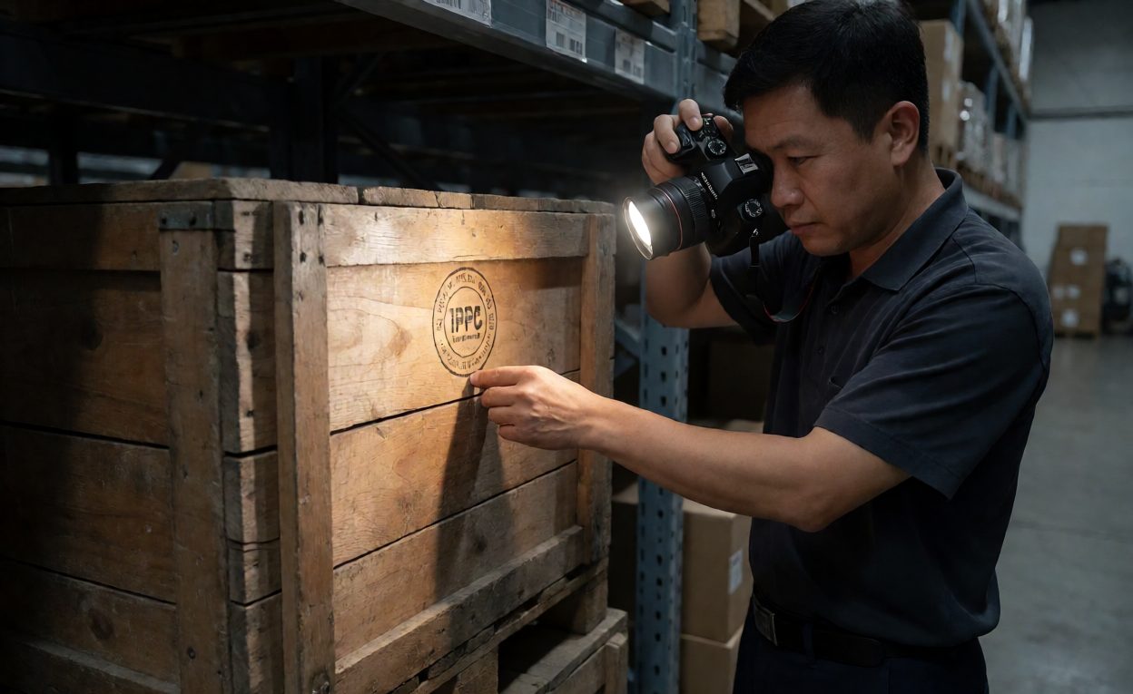Verifying The Crate Mark Inspector photographing an IPPC stamp on a wooden motorcycle crate
