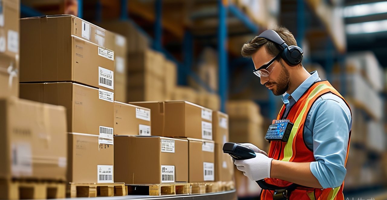 Scanning Unit Records During Loading Warehouse clerk scanning barcoded carton labels beside crated motorcycles