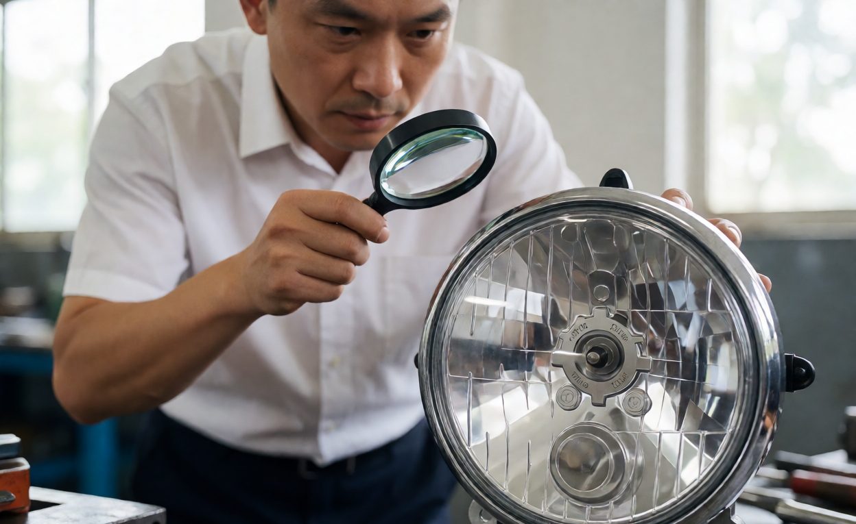 Approval Marking Inspection Inspector examining approval markings on a headlight lens with a magnifier