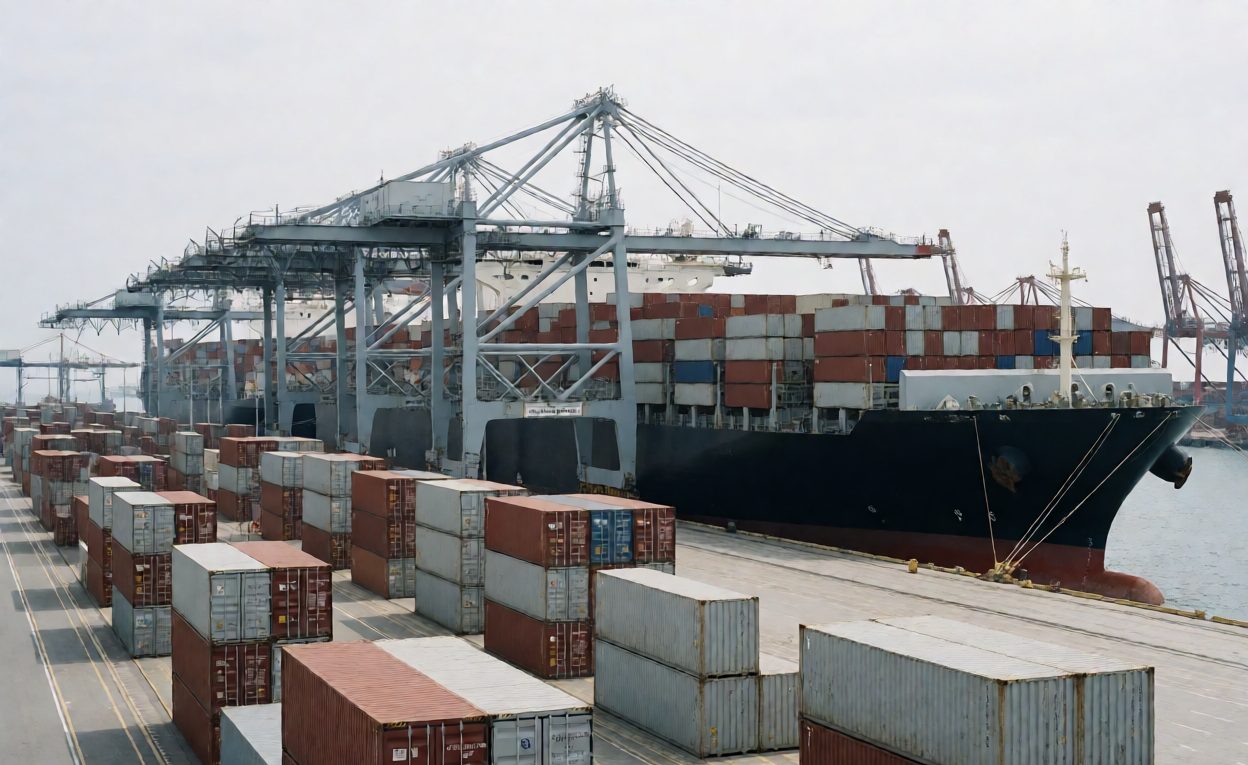 Container Port During Peak Shipping Season Port terminal with container ships and stacked containers