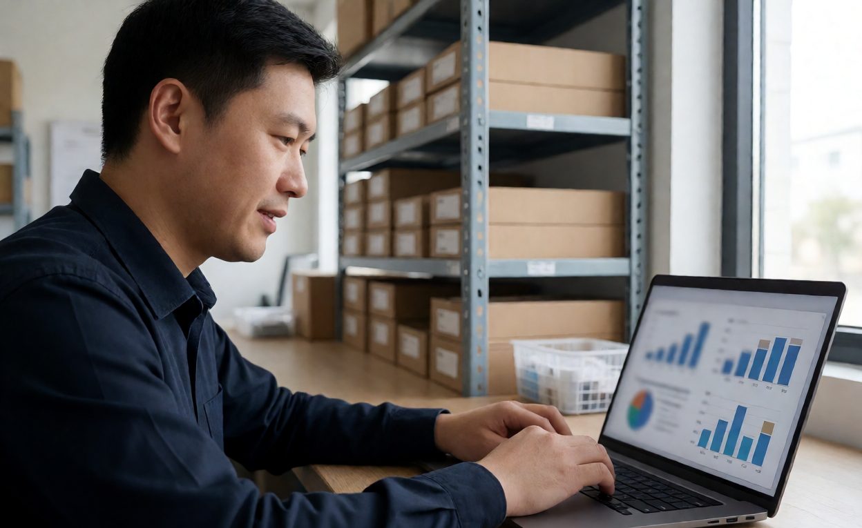 Warehouse planner reviewing parts consumption charts on a laptop