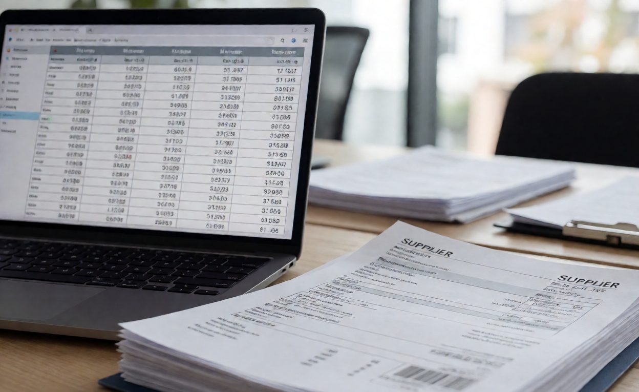 Calculating Landed Cost And Margin Bands Spreadsheet of parts costs and margins beside printed supplier invoices