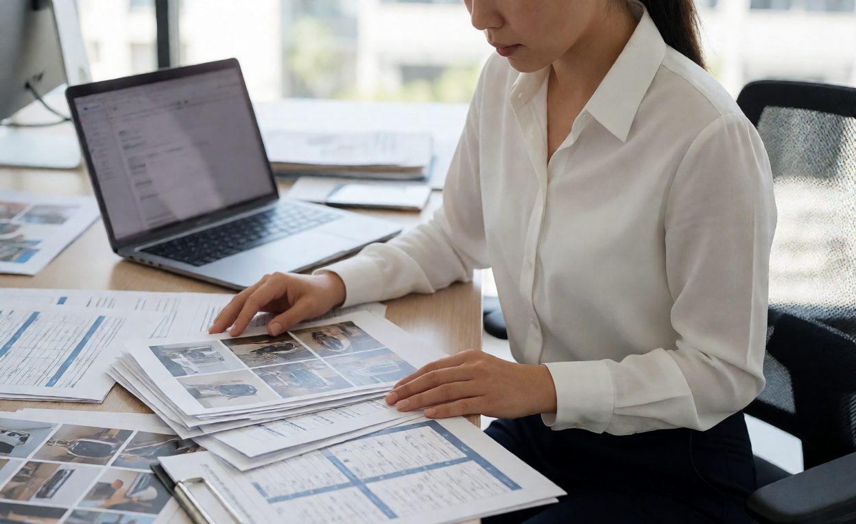 Reviewing A Claim Before Credit Warranty analyst reviewing a claim file with photographs and spreadsheets