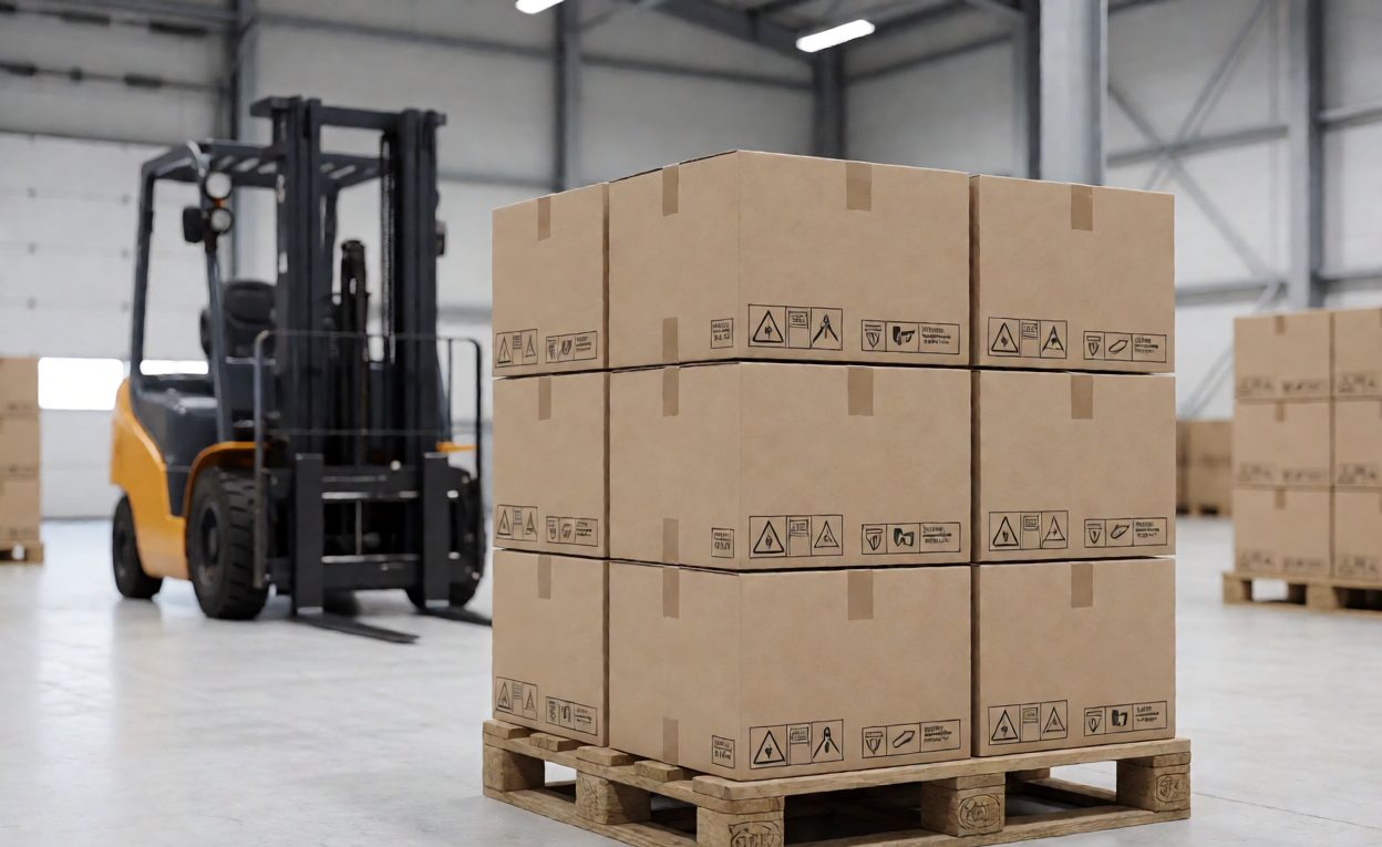 Battery Cartons Prepared For Export Cartons with battery hazard labels stacked on an export pallet