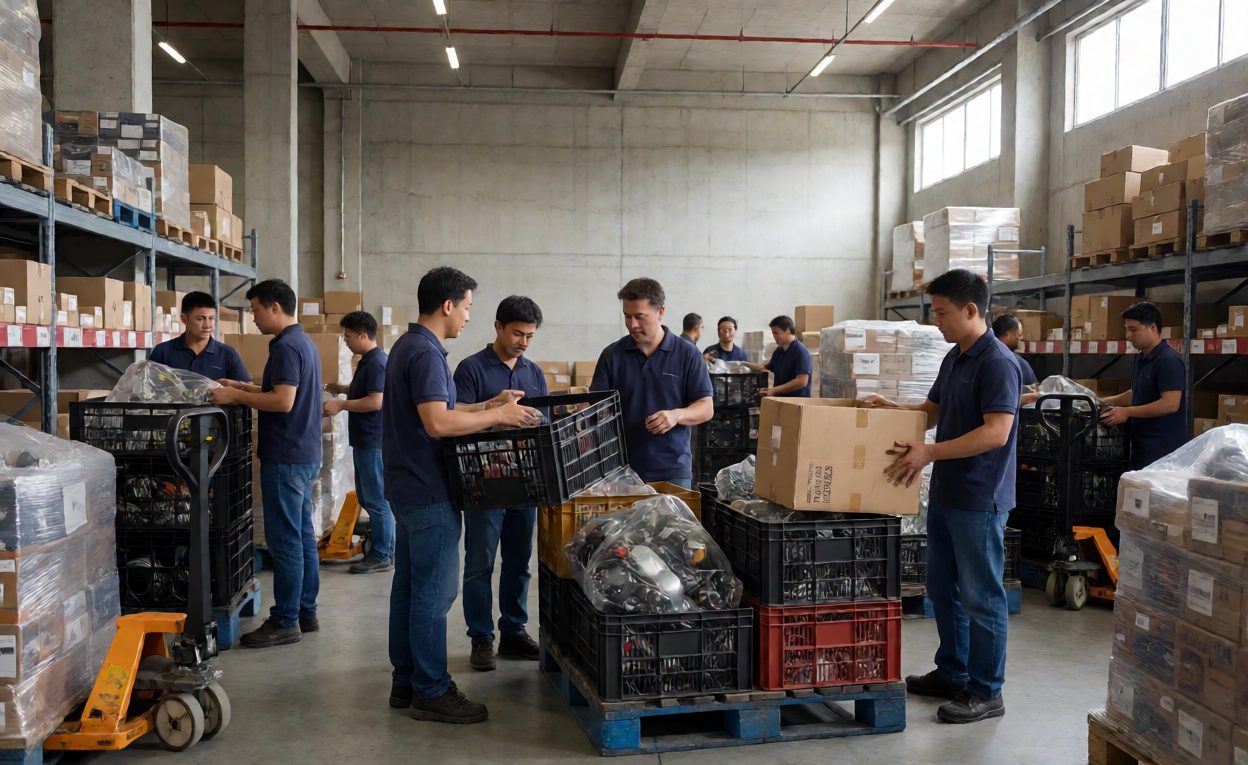 Unloading A Mixed Container Warehouse staff unloading a mixed container separating motorcycles and parts cartons
