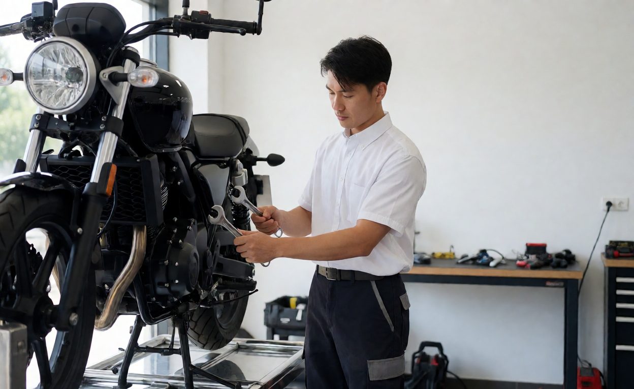 Keeping Financed Units Sale-Ready Technician preparing a new motorcycle for sale in a workshop