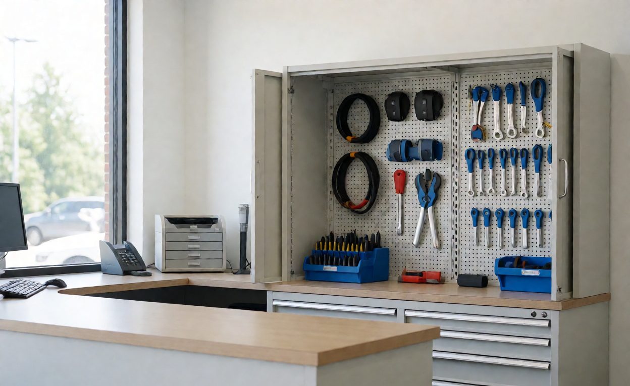 Parts And Service Readiness Behind The Showroom Dealership parts cabinet, accessory display and clean service counter