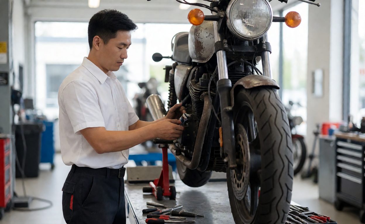 Maintaining The Demo Fleet Technician servicing a high-mileage demonstration motorcycle on a lift