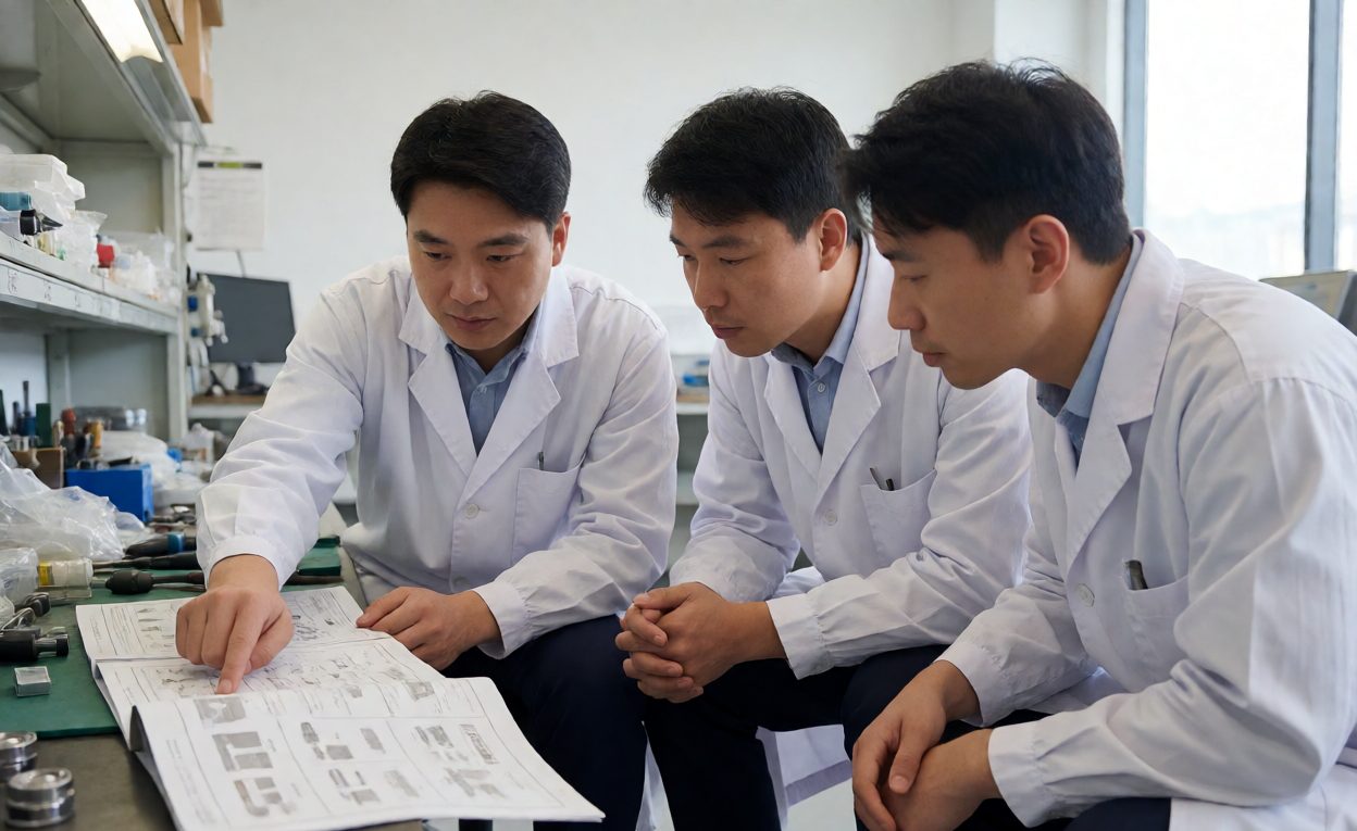 Reviewing Service Manuals And Parts Diagrams Technicians reviewing a service manual and parts diagrams at a workbench