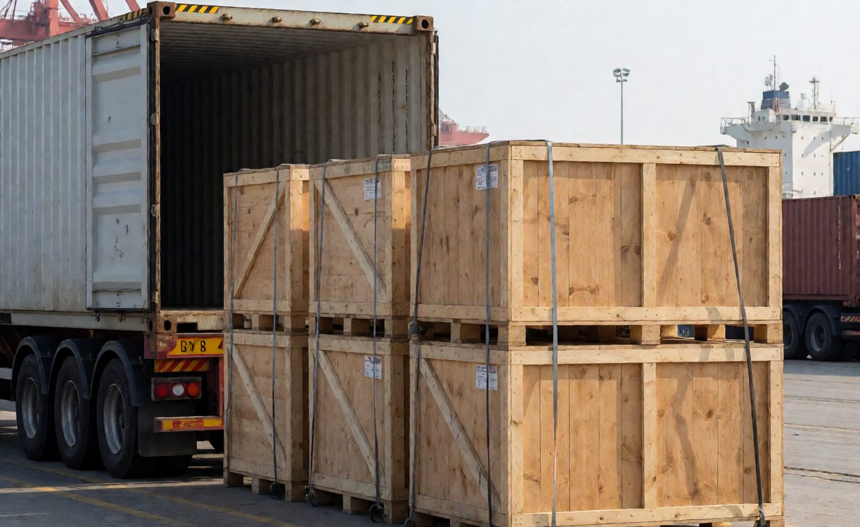 Crated Units Staged For Loading Row of strapped wooden motorcycle crates beside an open shipping container