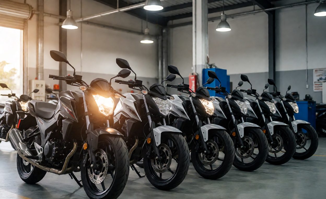 Final Lighting Check Before Dispatch Finished motorcycles in a dispatch area with headlight illuminated