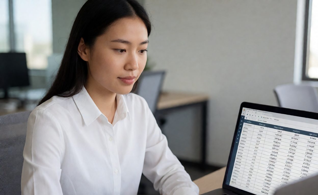 Reviewing Model Mix By Segment Sales analyst reviewing a model mix spreadsheet with segment sales shares