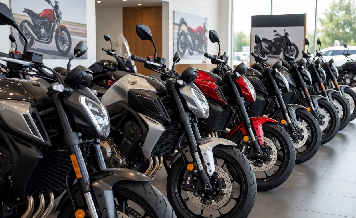 Showroom Stocked Ahead Of The Selling Season Dealer showroom with a row of new motorcycles ready for the selling season