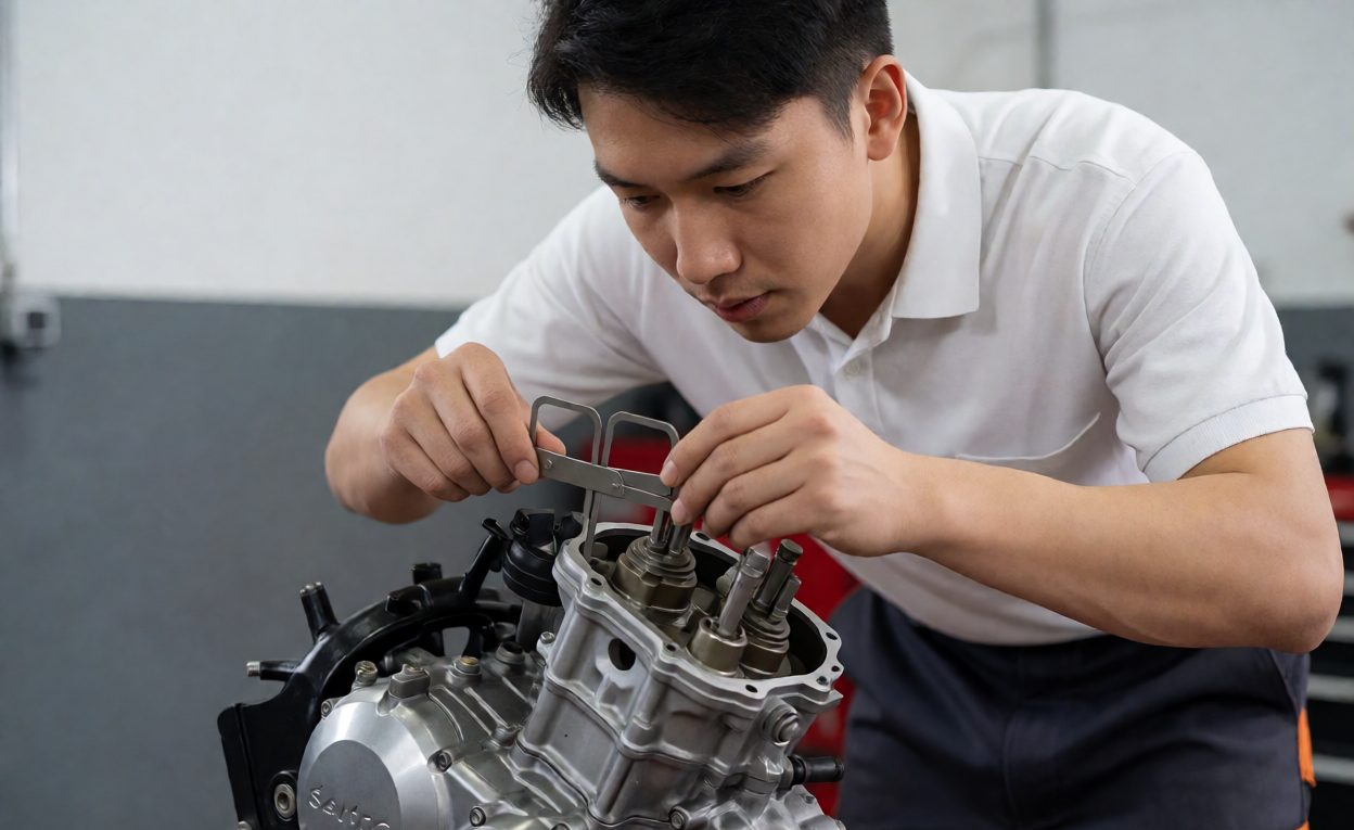 A Longer-Interval Task That Needs Trained Hands Technician adjusting valve clearance with feeler gauges on a motorcycle engine