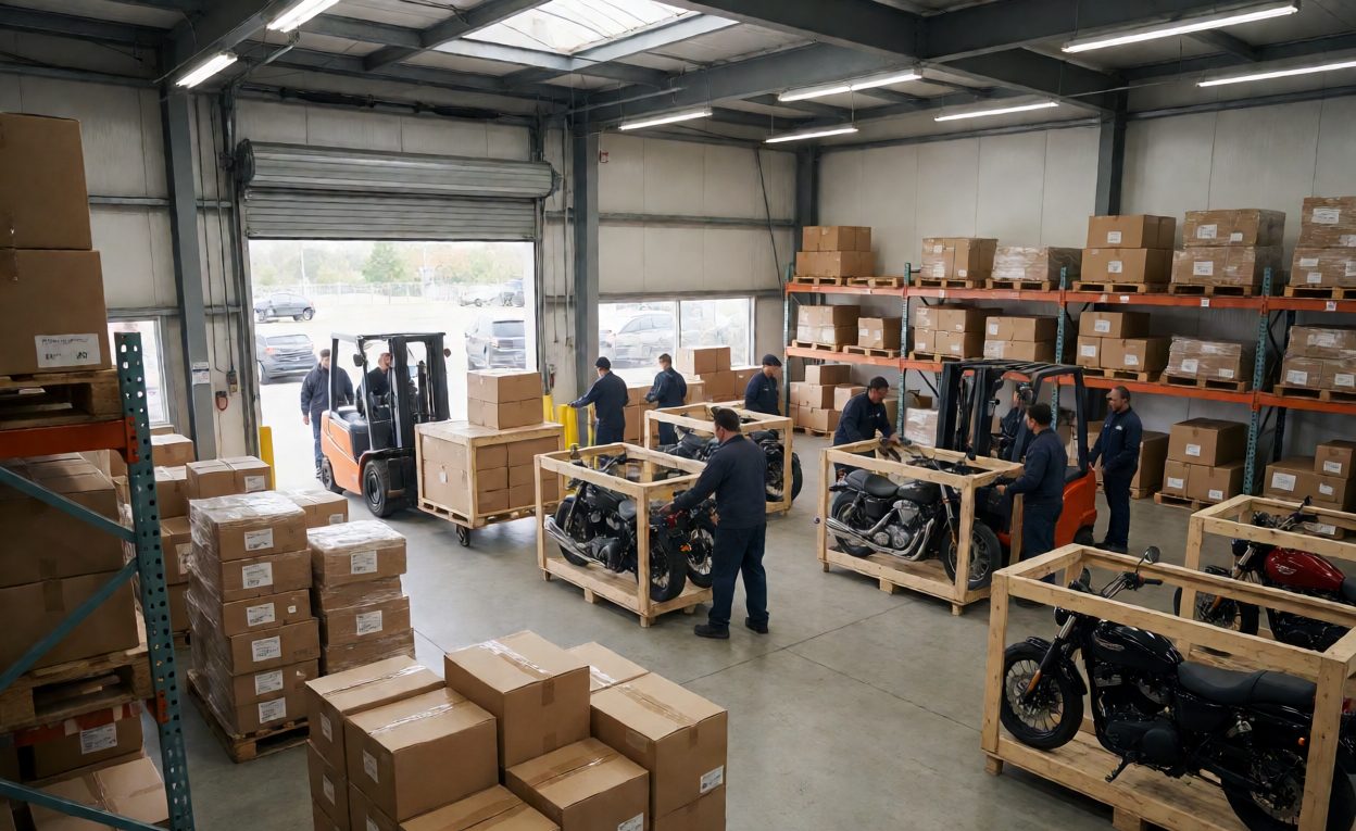 Mixed shipment of motorcycles and parts cartons being unloaded