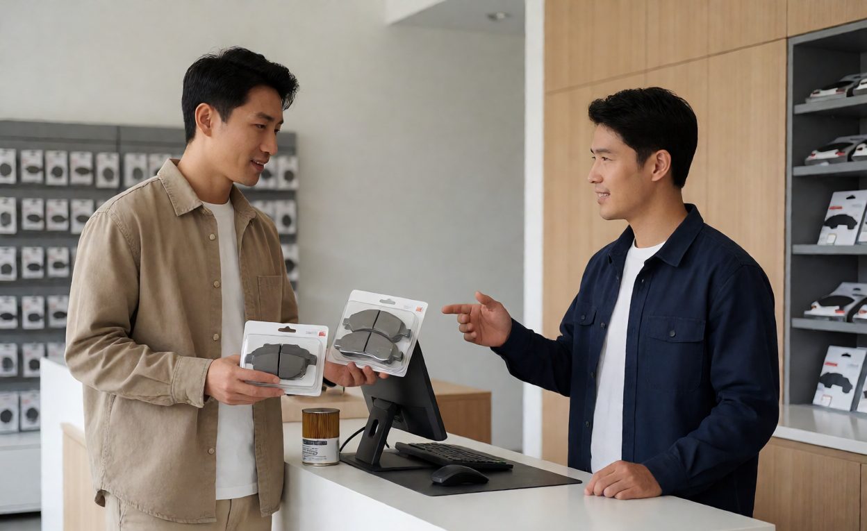 Applying The Price Book At The Counter Customer being served packaged brake pads and an oil filter at a parts counter