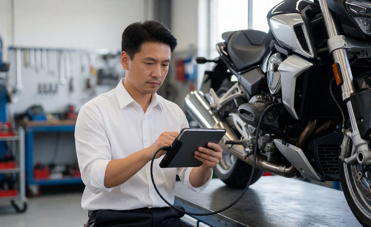 Commissioning Checks Before Handover Technician commissioning a fleet motorcycle with a diagnostic tablet