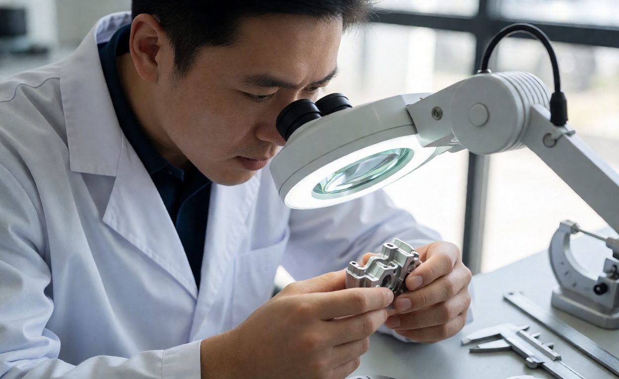 Failure Analysis On A Returned Part Quality engineer examining a failed component under a magnifier lamp